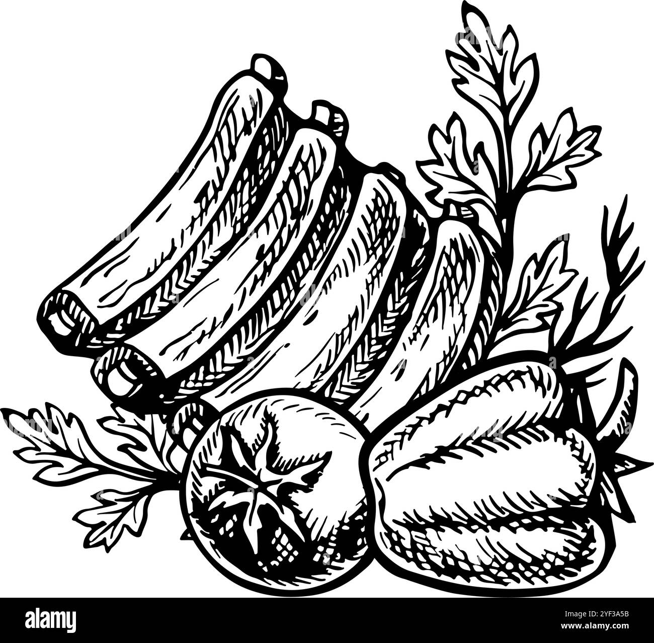 Costolette con verdure. Grafica vettoriale con immagine barbecue. Un'illustrazione in bianco e nero del piatto disegnata a mano. Su sfondo bianco. Per un menu, p Illustrazione Vettoriale