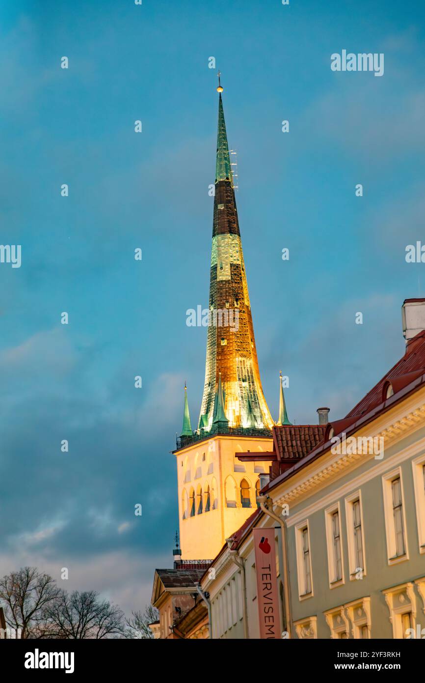 L'alta guglia del campanile della chiesa di Sant'Olaf o della chiesa di Sant'Olav. Tallinn, contea di Harju, Estonia, stati baltici, Europa di notte Foto Stock