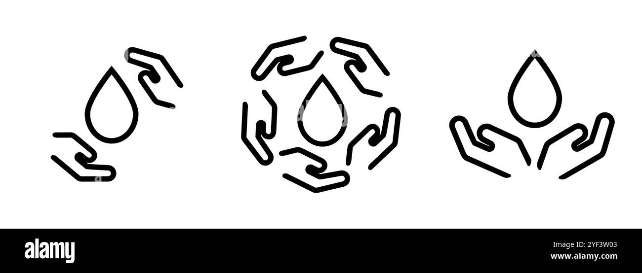 Donazione di sangue mano donatore e goccioline liquide icona linea segno simbolo logo di igiene conservazione dell'acqua Illustrazione Vettoriale