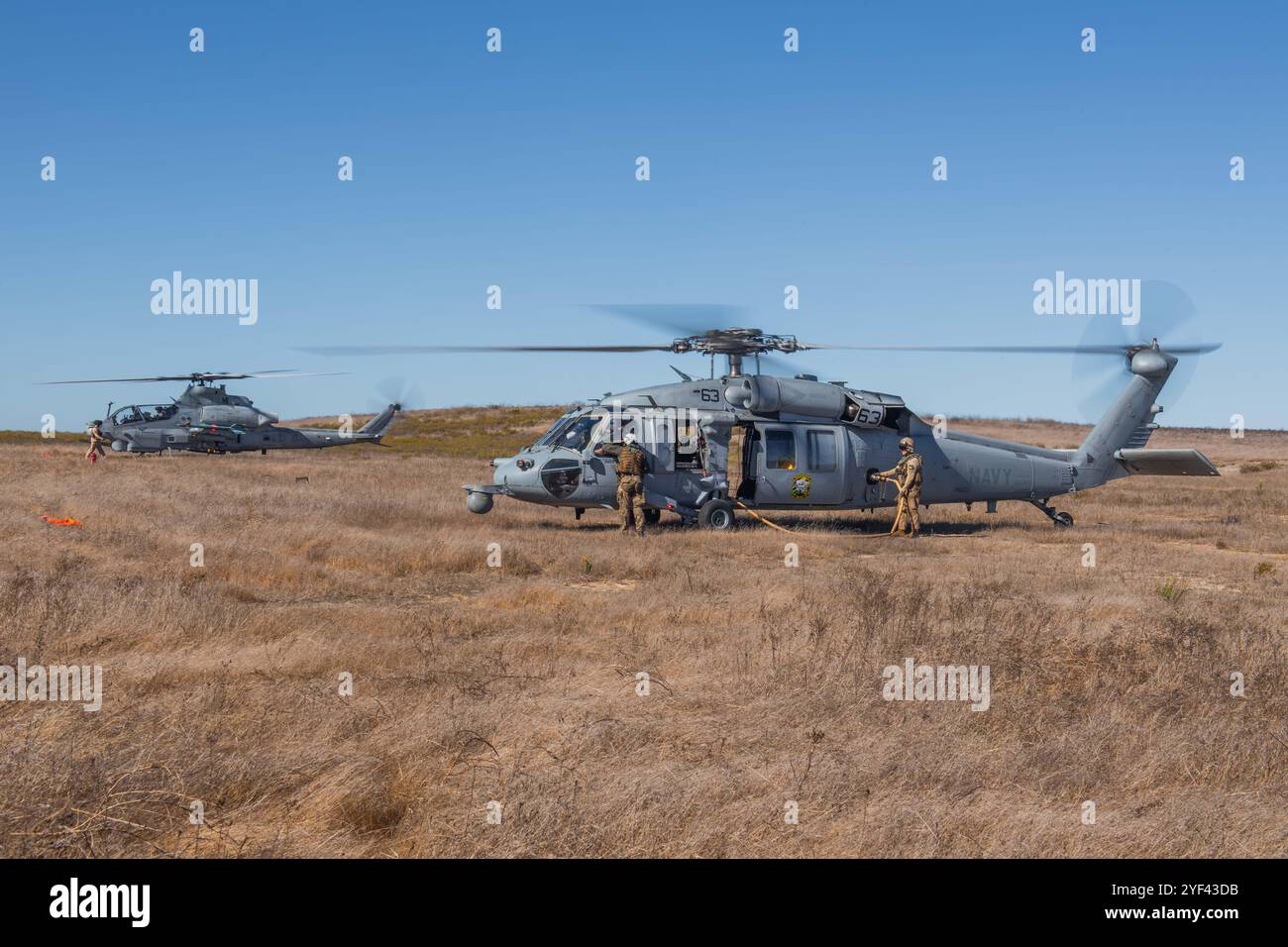 Un elicottero MH-60S Sea Hawk attaccato ai Blackjack dell'Helicopter Sea Combat Squadron (HSC) 21, e un elicottero AH-1Z Viper, attaccato ai Marine Foto Stock