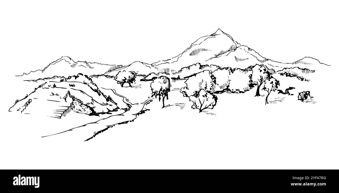 Mesoamerica Azteca antiche rovine piramidali su pianura prato con alberi, montagne sullo sfondo, paesaggio panoramico isolato. Vettore di inchiostro disegnato a mano Illustrazione Vettoriale