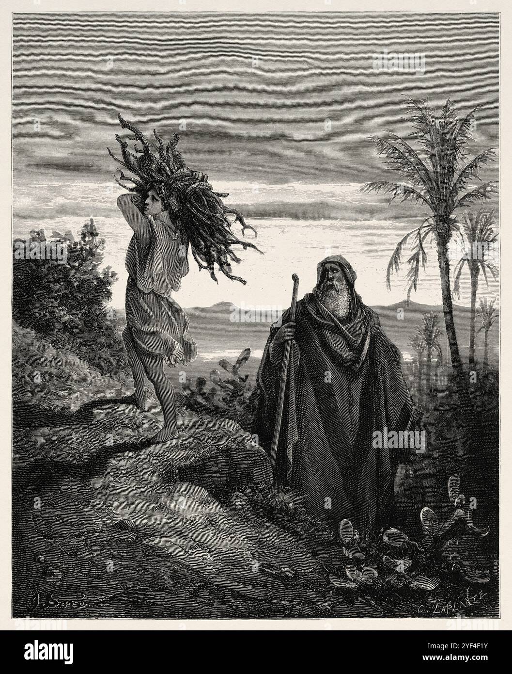 La prova della fede di Abramo (Genesi 22,10-12) Abramo e Isacco portano il legno sacrificale. Vecchio Testamento. Illustrazione della bibbia antica di Gustave Dore (1832–1883) Foto Stock