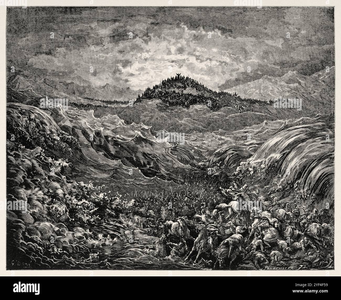 L'esercito egiziano del faraone è annegato nel Mar Rosso. Libro dell'Esodo. Vecchio Testamento. Illustrazione della bibbia antica di Gustave Dore (1832–1883) Foto Stock