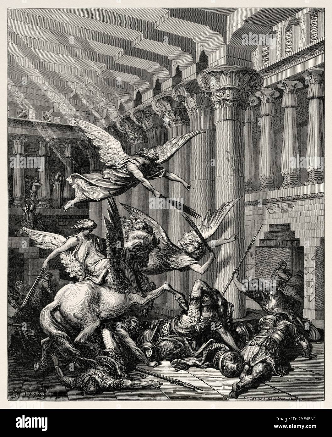 Espulsione di Heliodorus. Heliodoro sta tentando di prendere tesoro dal Tempio di Gerusalemme. Vecchio Testamento. Illustrazione della bibbia antica di Gustave Dore (1832–1883) Foto Stock