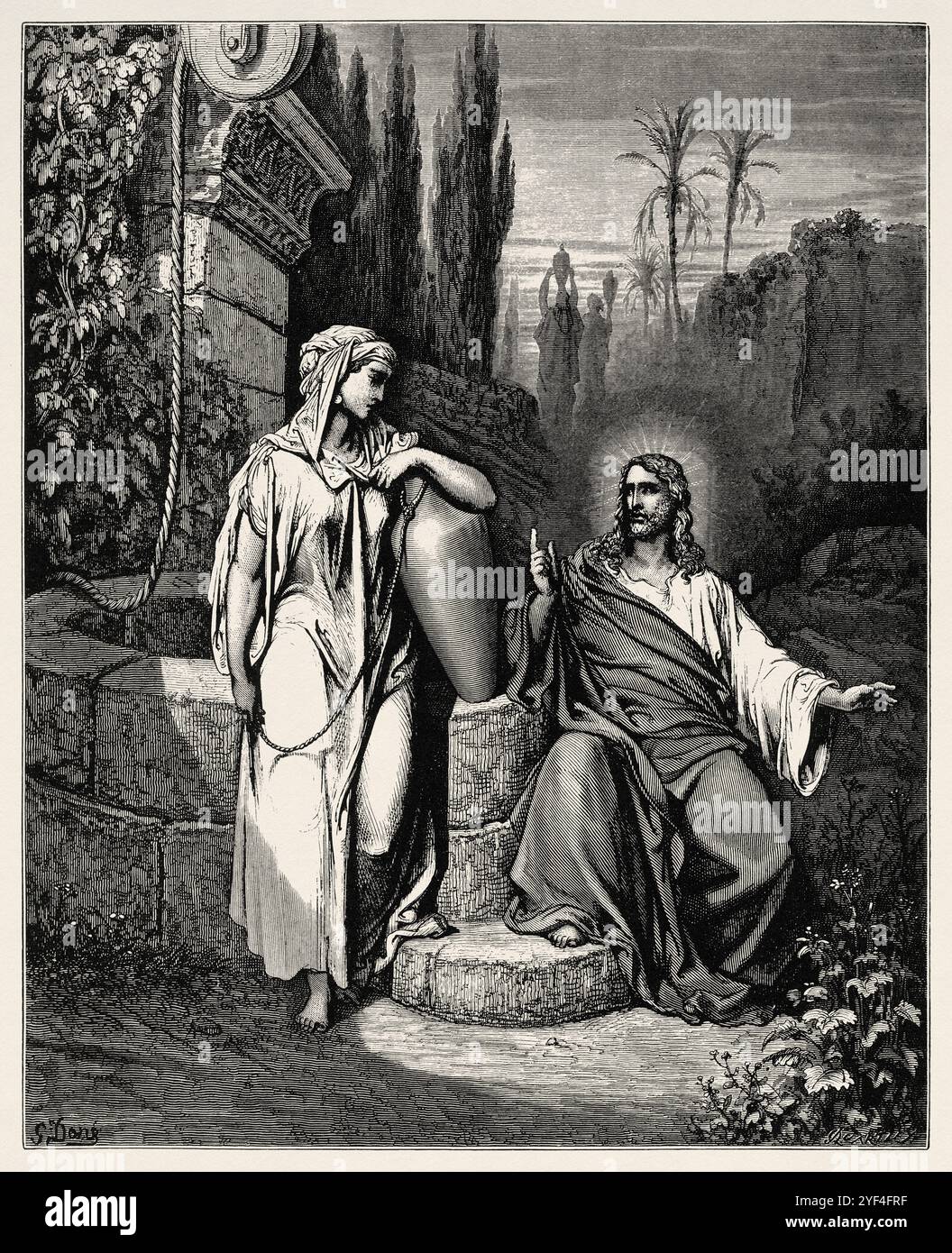 Gesu' e la donna samaritana. Nuovo Testamento. Illustrazione della bibbia antica di Gustave Dore (1832–1883) Foto Stock