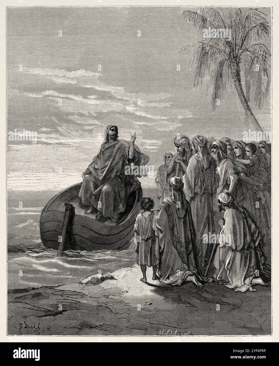 Gesù predicava in una nave sul mare di Galilea (Luca 5, 3) nuovo Testamento. Illustrazione della bibbia antica di Gustave Dore (1832–1883) Foto Stock