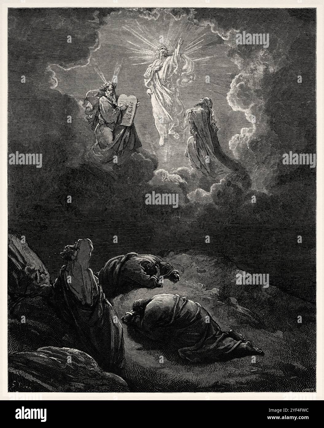 Trasfigurazione di Cristo. Trasfigurazione di Gesù in un brillante bianco che converte con Mosè e con il profeta Elia (Matteo 17,1) nuovo Testamento. Illustrazione della bibbia antica di Gustave Dore (1832–1883) Foto Stock