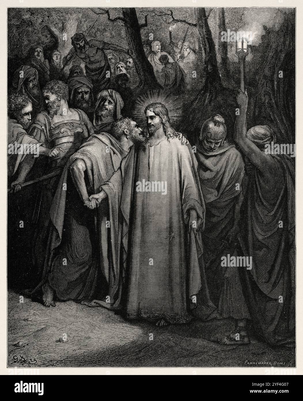 Giuda tradisce Cristo con un bacio (Matteo 26,49) nuovo Testamento. Illustrazione della bibbia antica di Gustave Dore (1832–1883) Foto Stock