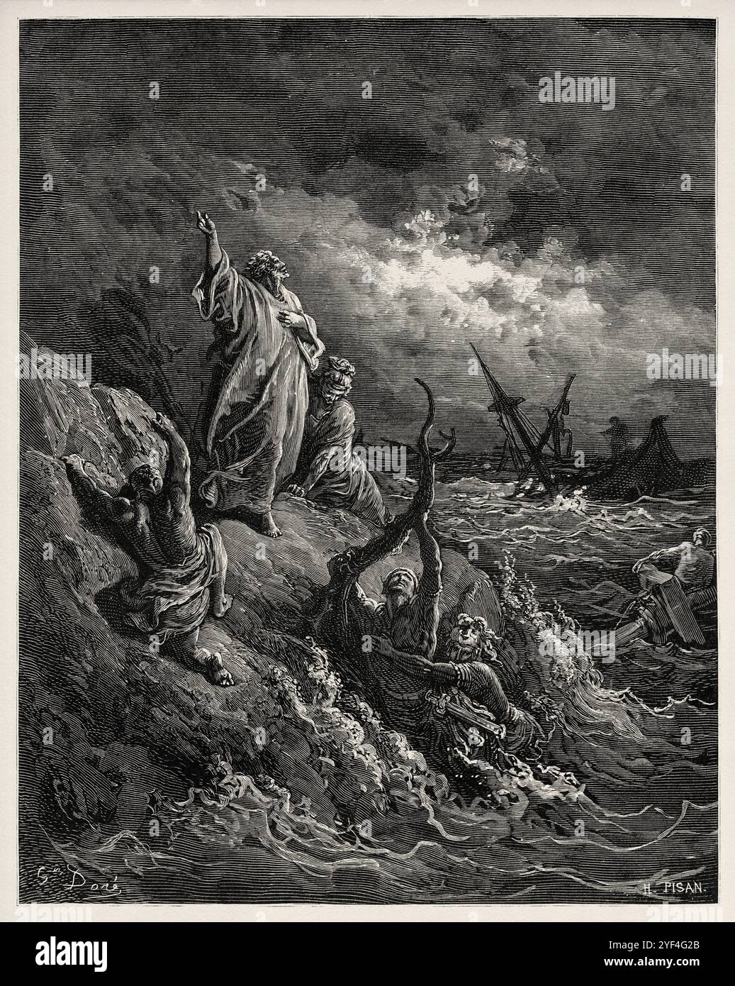 Saint Paul naufragò. Nuovo Testamento. Illustrazione della bibbia antica di Gustave Dore (1832–1883) Foto Stock