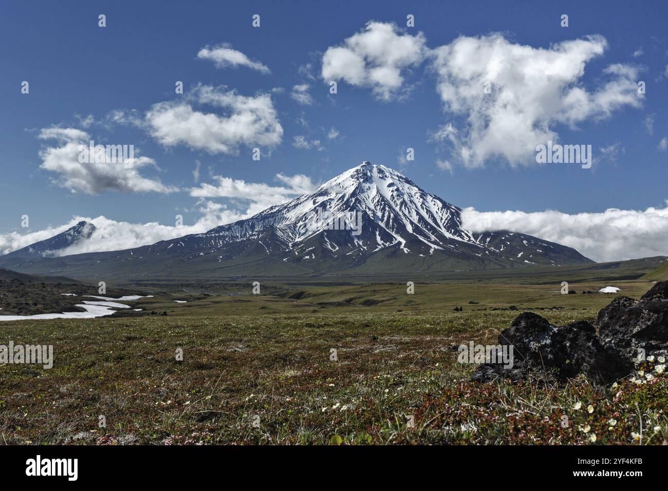Splendido paesaggio montano estivo in una giornata di sole con nuvole di cielo azzurro: Vista del cono innevato del Monte Bolshaya Udina. Russo Estremo Oriente, Kamc Foto Stock
