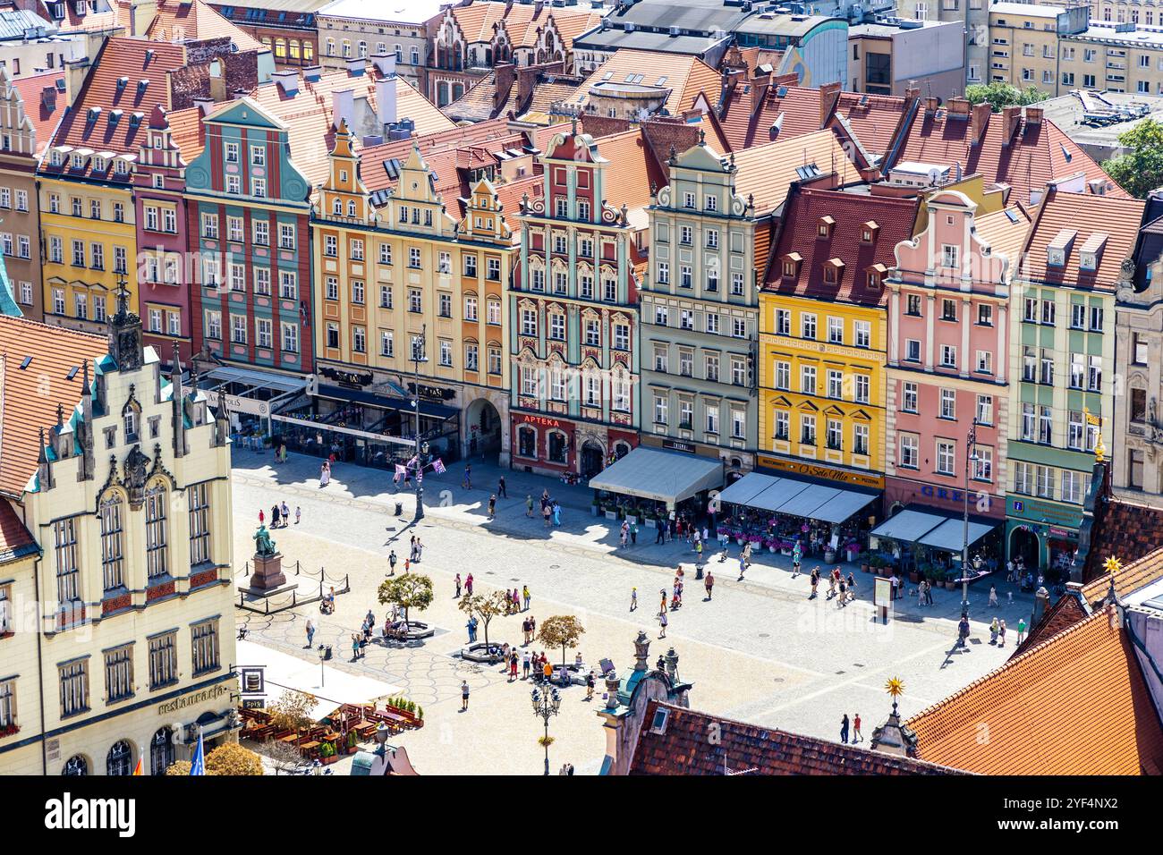 Vista aerea della Piazza del mercato della città Vecchia dalla torre della chiesa di Santa Elisabetta, Breslavia, Polonia Foto Stock
