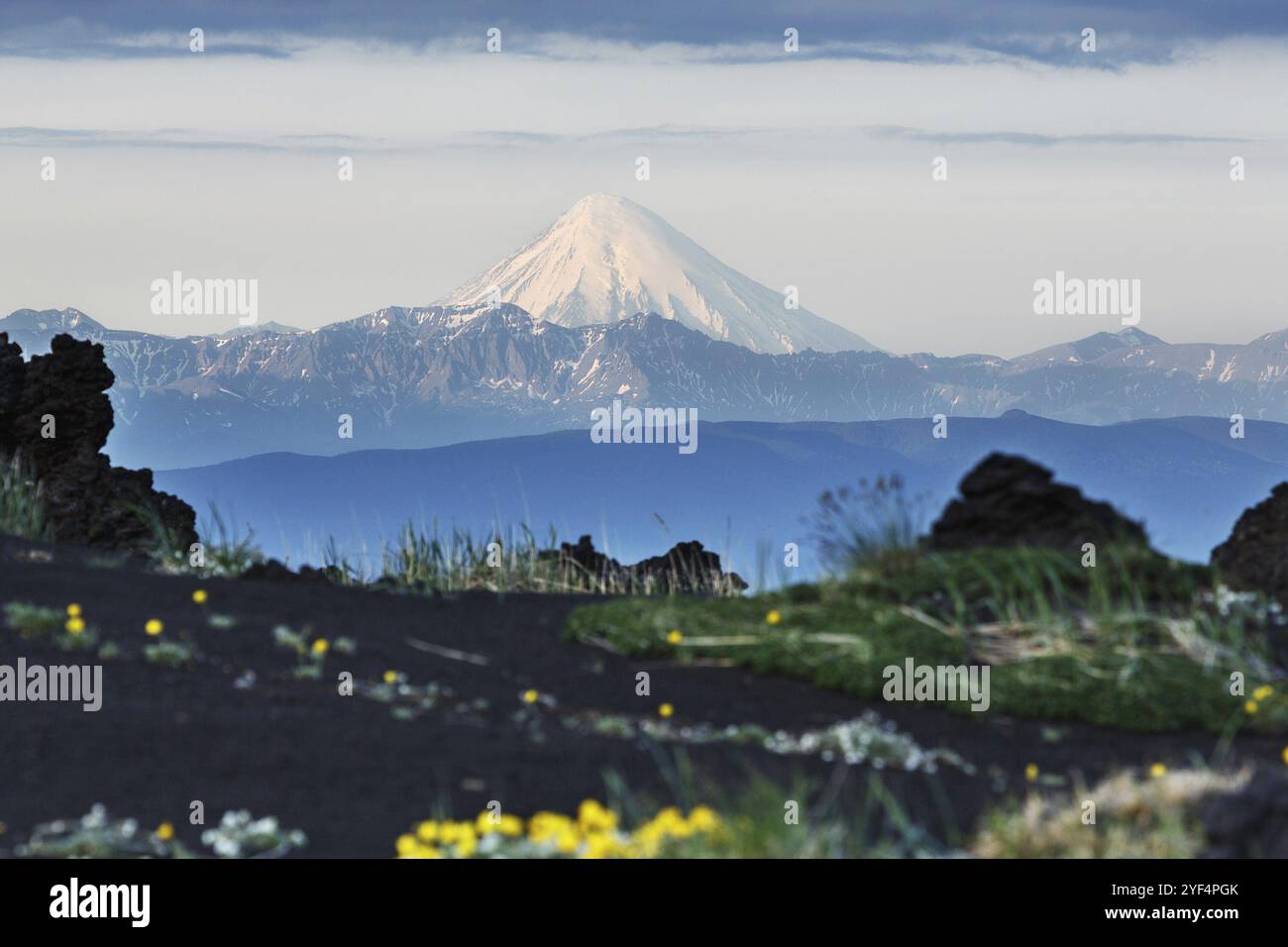 Bellissimo paesaggio vulcanico estivo di Kamchatka: Vista del vulcano Kronotsky attivo (Kronotskaya Sopka) con il tempo limpido e la giornata soleggiata. Eurasia, Russia, F. Foto Stock