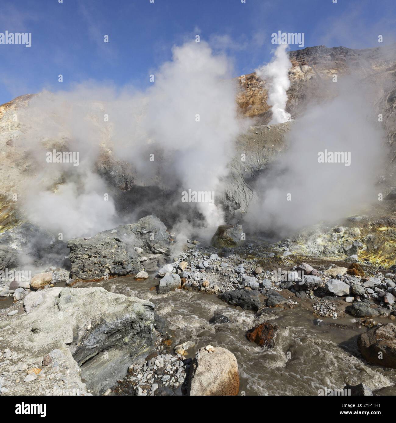 Paesaggio paesaggio vulcanico estivo della penisola di Kamchatka: Attività geotermica e vulcanica nel cratere del vulcano attivo Mutnovsky, vista delle sorgenti termali, fu Foto Stock