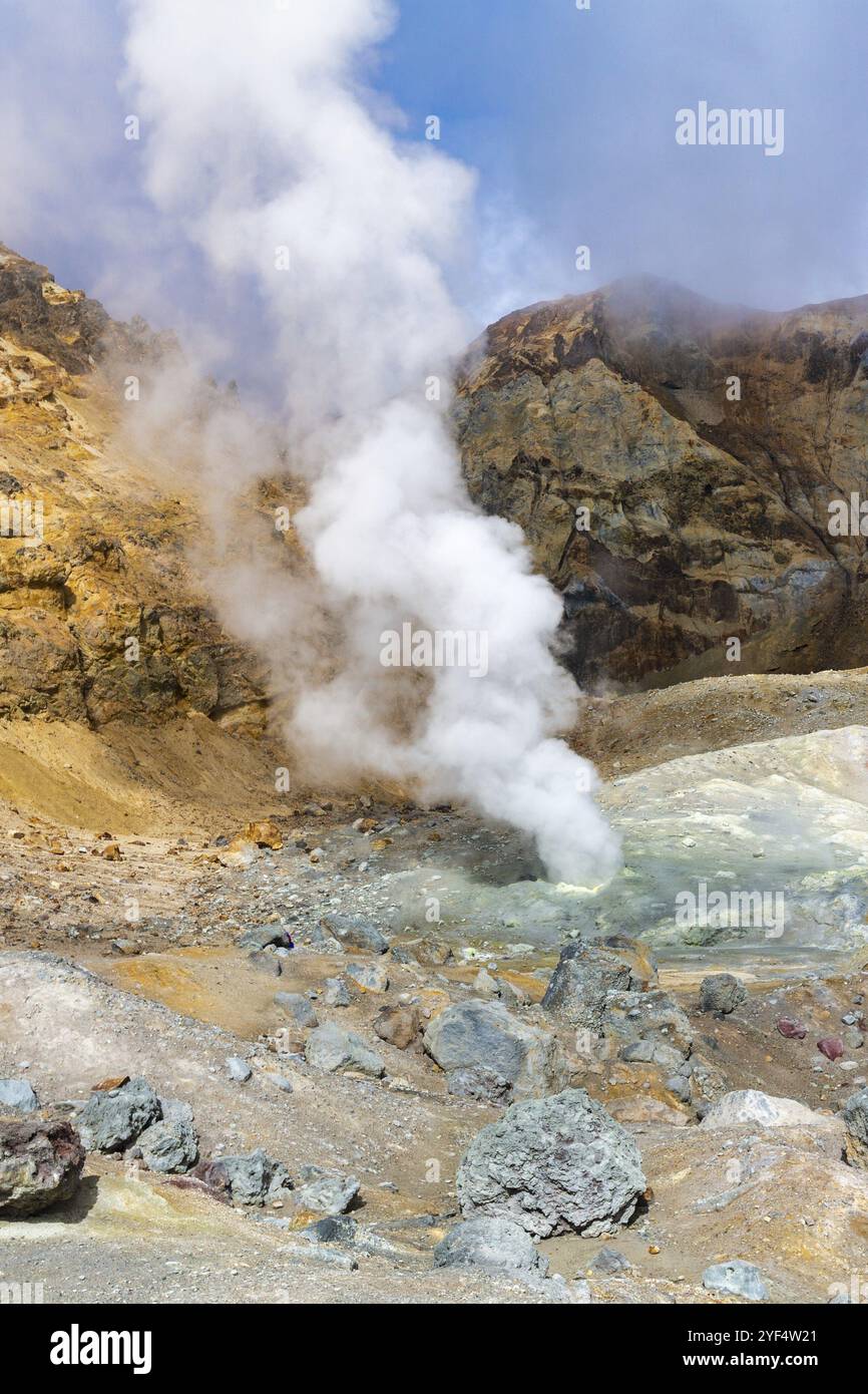 Cratere di vulcano attivo, paesaggio vulcanico geotermico estivo. Sorgenti termali e fumarole, campo di lava, attività di gas-vapore. Destinazioni di viaggio per MOU Foto Stock