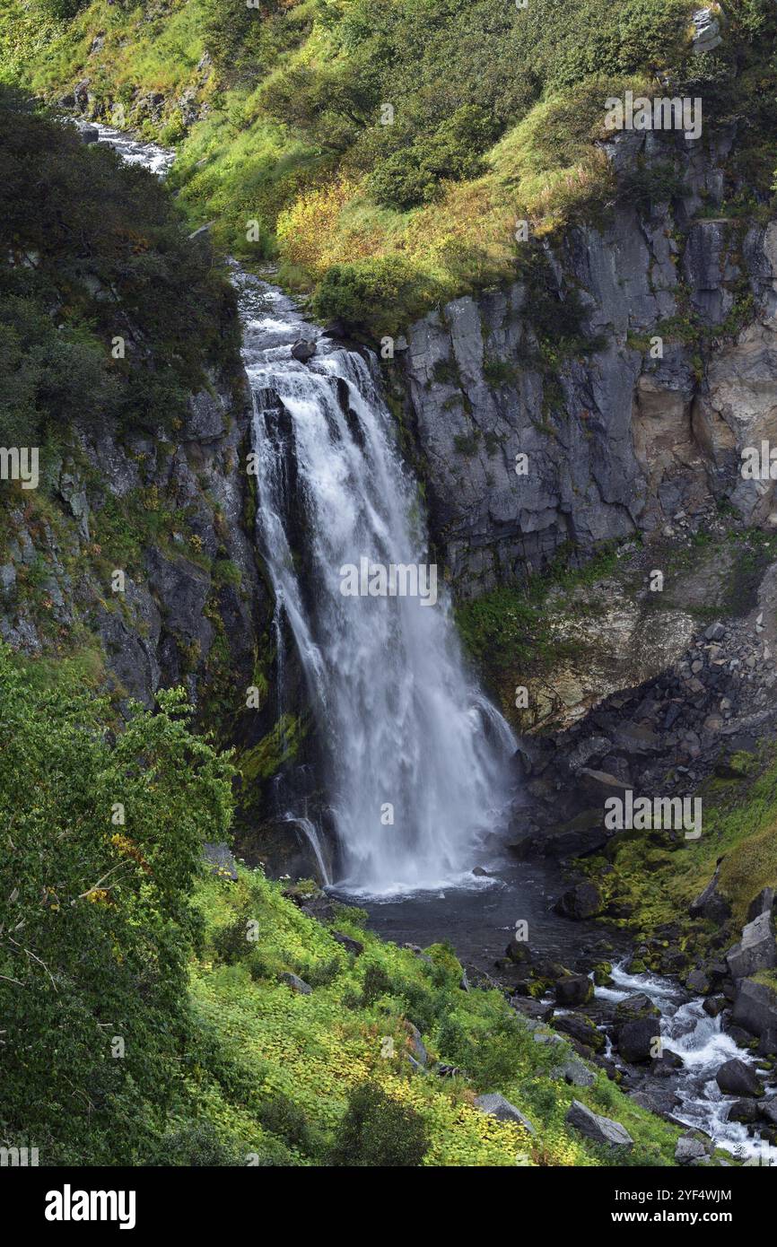 Paesaggio montano: Vista della pittoresca valle, profondo canyon e cascata di cascate di montagna circondate da pendii rocciosi, lussureggiante vegetazione di alta montagna Foto Stock