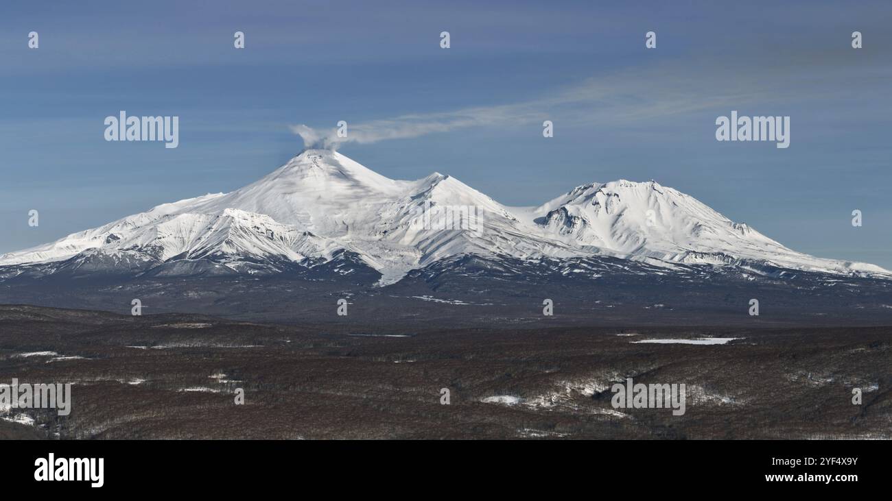 Vista panoramica invernale dei vulcani di Kamchatka: Attività fumarolica il vulcano Avachinsky (gas eruttante, cenere) e il vulcano Kozelsky nelle giornate di sole. Korya Foto Stock