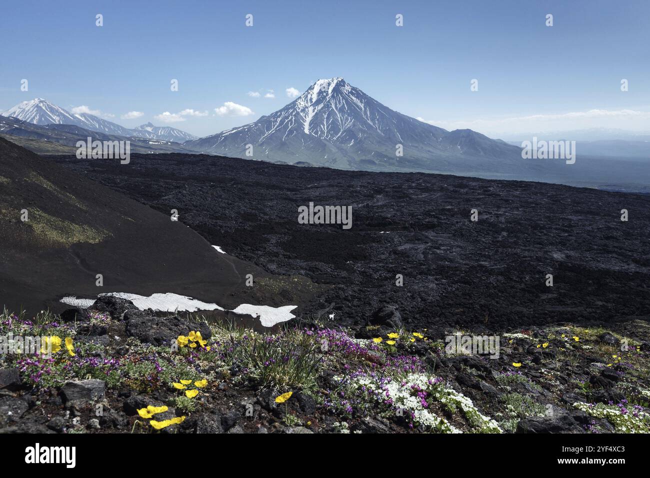 Kamchatka splendido paesaggio vulcanico, vista estiva del vulcano Bolshaya Udina. Eurasia, Federazione russa, Estremo Oriente, penisola di Kamchatka, Klyuchevska Foto Stock