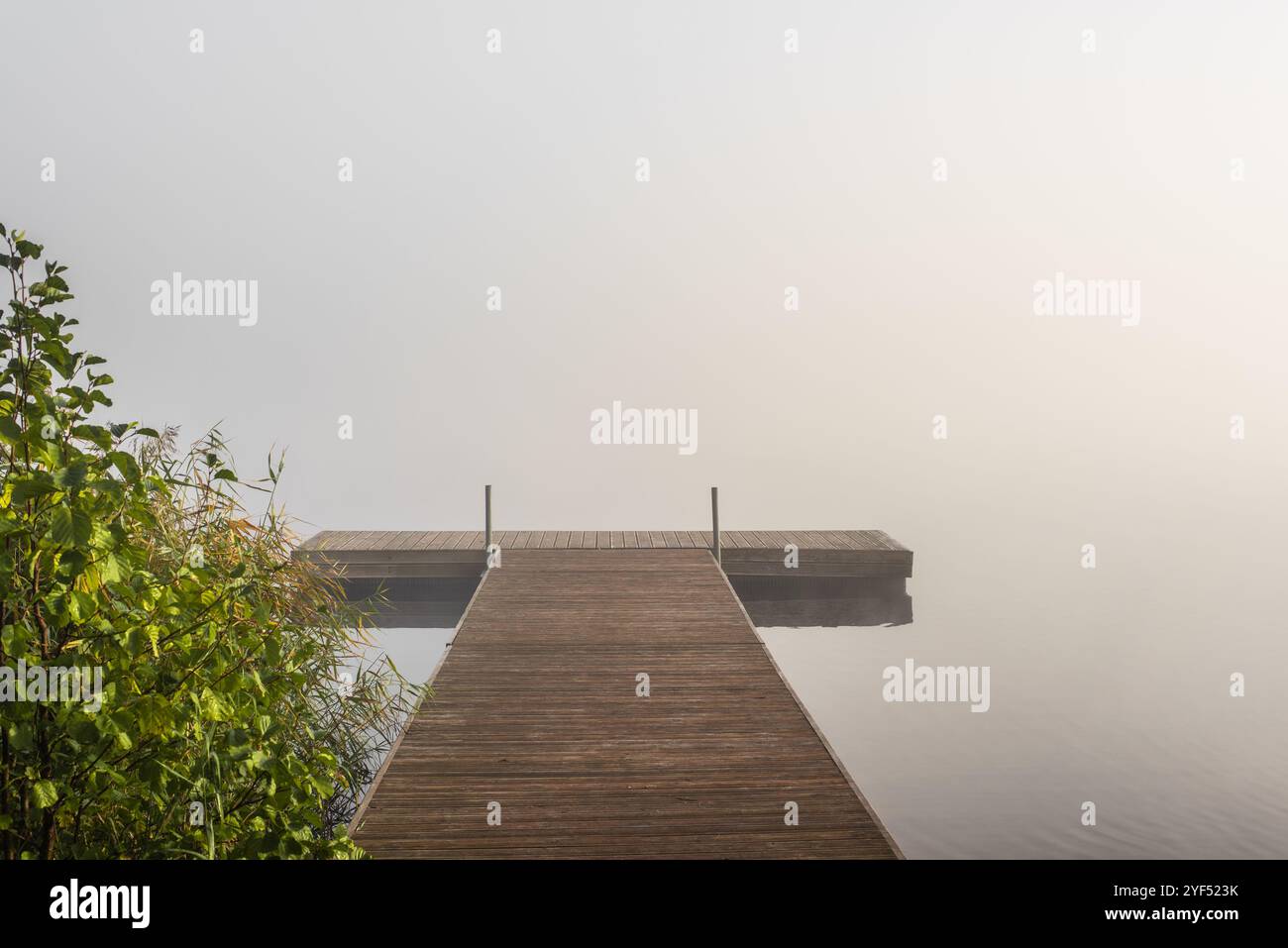 Molo in legno sul lago ricoperto di fitta nebbia Foto Stock