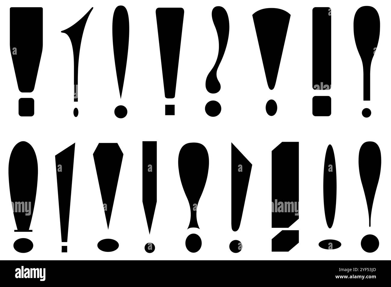 Raccolta di diversi segni esclamativi isolati su bianco Foto Stock