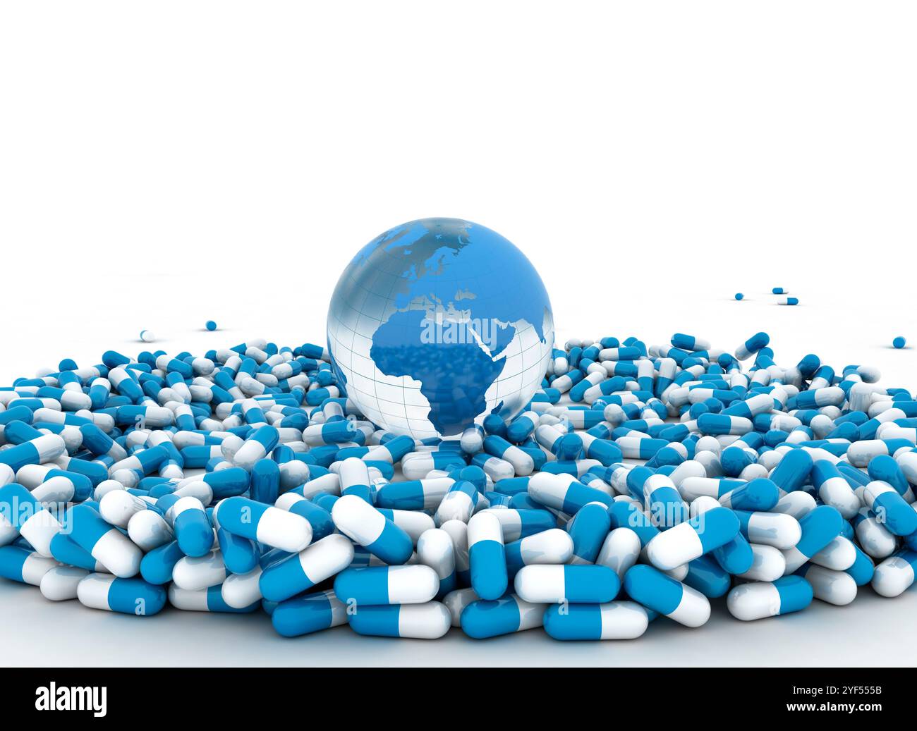 Pillole di medicina e mondo isolato su bianco. Illustrazione 3D Foto Stock