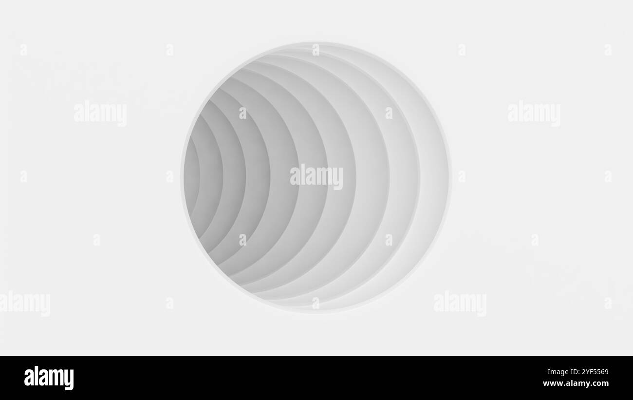 Tunnel rotondo di struttura circolare ripetitiva. Cerchio di rendering 3D astratto sfondo bianco del livello cartaceo Foto Stock