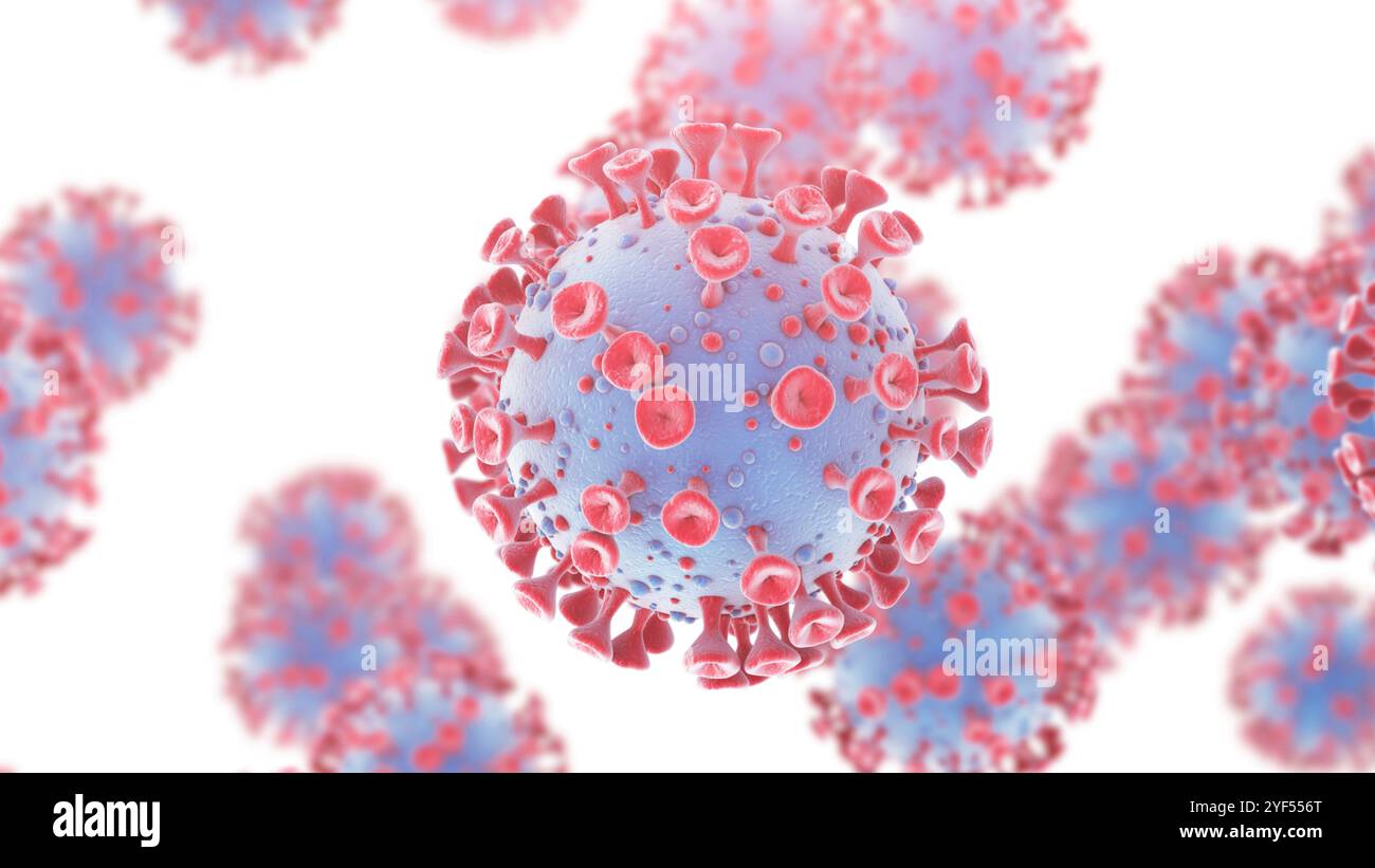 Focolaio di coronavirus isolato su sfondo bianco. Cellule virali del concetto di rischio medico pandemico del ceppo COVID-19. Rendering 3D. Foto Stock