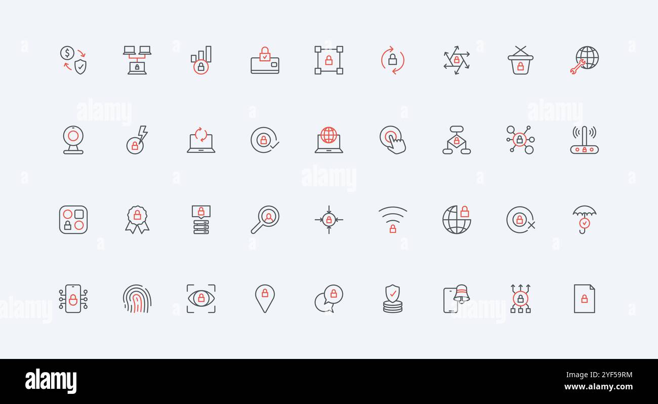 Set di icone della linea di protezione dei dati digitali per la sicurezza informatica e la qualità. Software e scansione biometrica per l'accesso alle informazioni, privacy della rete, simboli sottili di contorno neri e rossi, illustrazione vettoriale Illustrazione Vettoriale
