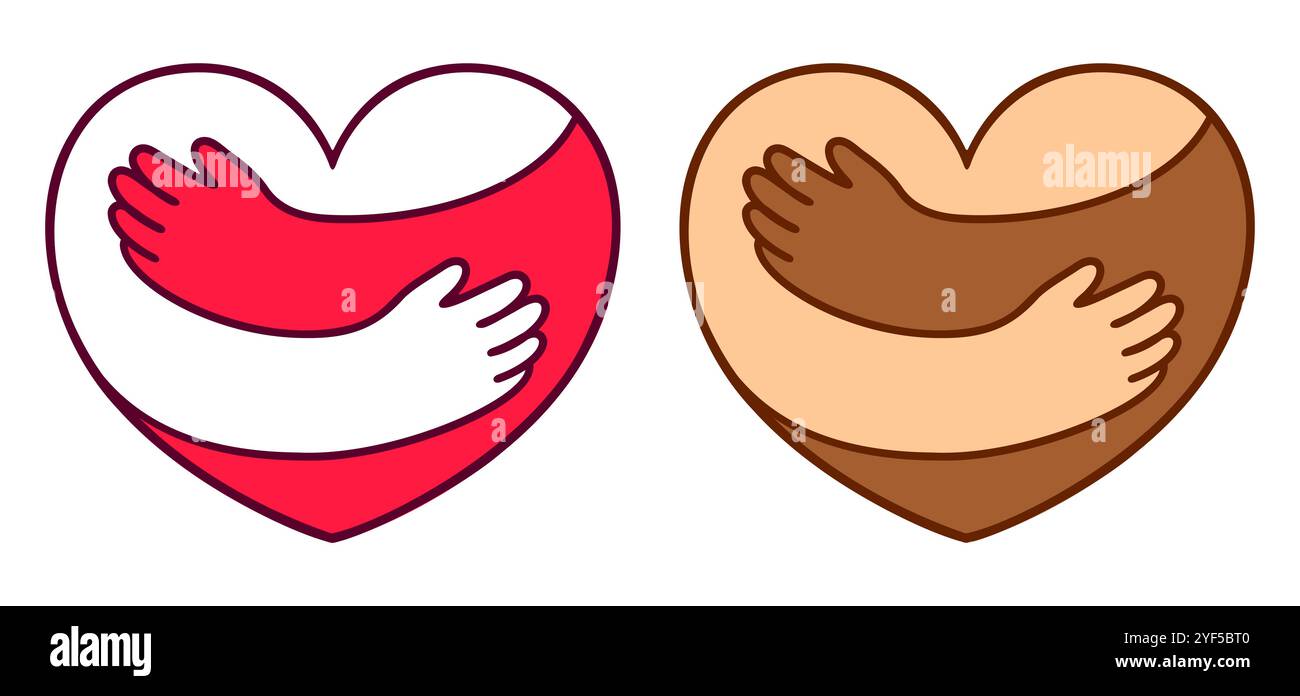 Forma a cuore con braccia avvolgenti, design semplice con logo. Colore rosso e bianco, diverse tonalità della pelle. Illustrazione vettoriale disegnata a mano. Illustrazione Vettoriale