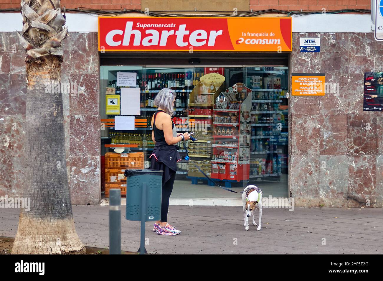 Viladecans. Spagna - 3 novembre 2024: Una donna con un cane si trova fuori da un supermercato Charter, tenendo un telefono e un guinzaglio. Il punto vendita mostra vari elementi Foto Stock