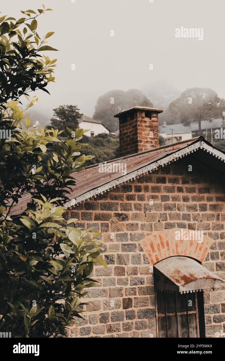 Cattura l'eleganza senza tempo dell'architettura rustica immersa in un paesaggio sereno e nebbioso. Foto Stock