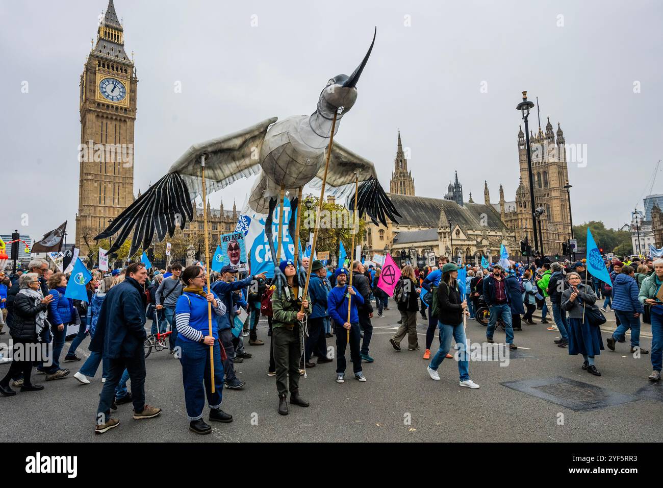 Londra, Regno Unito. 3 novembre 2024. Tra i cartelli e le tavole da surf viene portato un grande Avocet in pericolo di estinzione, tutti con messaggi anti fognature - la marcia per l'acqua pulita entra in Parliament Square - Extinction Rebellion si unisce a una coalizione di River Action, Greenpeace & Surfers contro le acque reflue e figure di spicco come Chris Packham in una protesta pacifica, chiedendo acqua pulita e responsabilità reale. Sottolineano che "il Regno Unito è l'unico paese al mondo con un sistema idrico completamente privatizzato, eppure ci troviamo di fronte a 1.000 discariche illegali di acque reflue e che le aziende hanno ottenuto profitti per 78 miliardi di sterline”. Credito: Guy Foto Stock