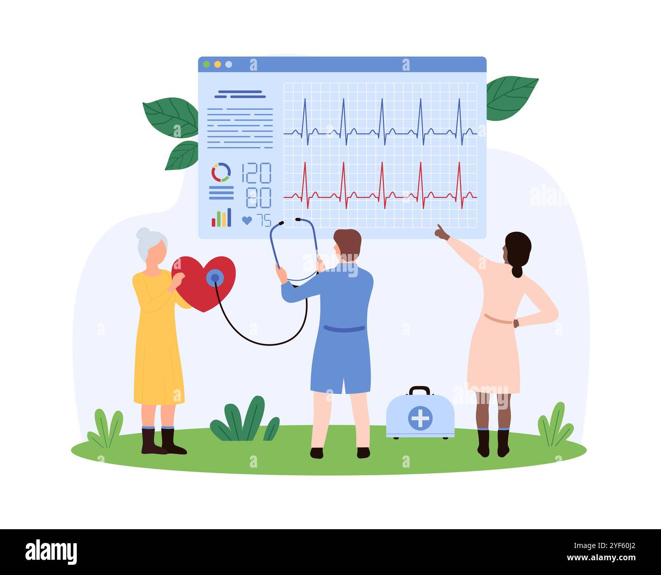 Team medico che monitora la salute cardiovascolare. Uno utilizza uno stetoscopio, l'altro indica la visualizzazione di un ECG, mentre un terzo contiene un modello cardiaco, simboleggiando un'illustrazione completa del vettore di assistenza cardiaca. Illustrazione Vettoriale