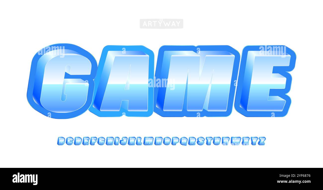 Alfabeto 3D divertente, personaggi vivaci e vivaci, carattere accattivante e brillante con sfumature ghiacciate per titoli divertenti e allegri, logo arcade, tipo di gioco rétro, fantastico Illustrazione Vettoriale