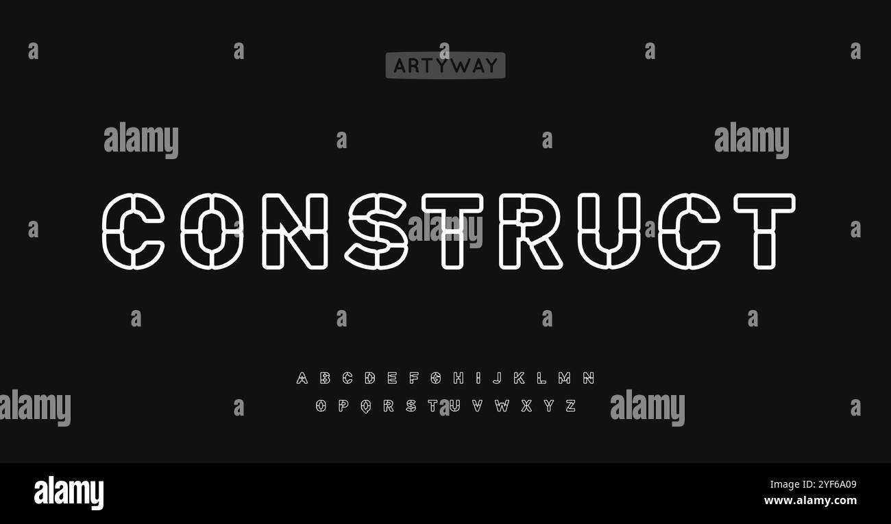 Alfabeto stencil architettonico, lettere segmentate a linee, font griglia lineare per logo di progetti ingegneristici, branding tecnologico moderno, stile wireframe Illustrazione Vettoriale