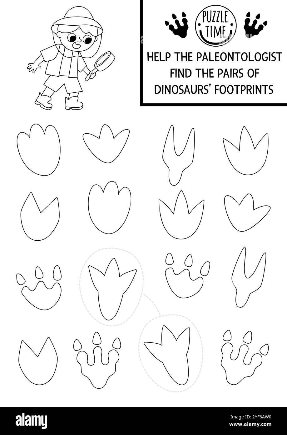 Trova un paio di impronte di dinosauro. Attività preistorica di abbinamento bianco e nero. Foglio di lavoro del quiz sulla linea didattica Dino per bambini per le capacità di attenzione. P Illustrazione Vettoriale