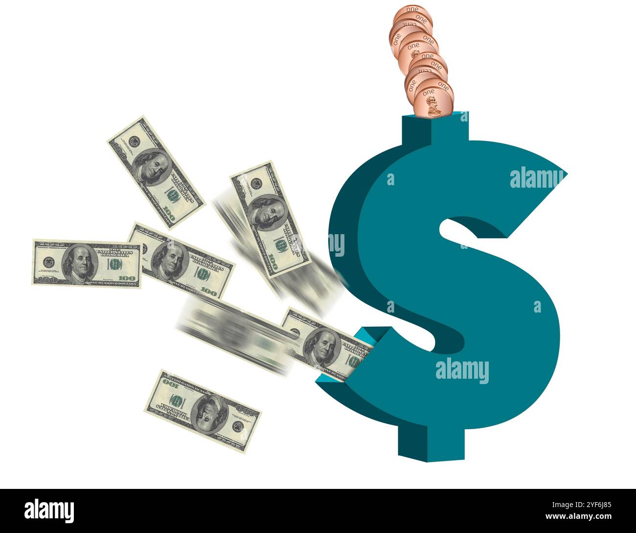 I centesimi investiti si trasformano in dollari nel tempo. Questo è un esempio in 3D sugli interessi composti e sugli investimenti saggi. Foto Stock