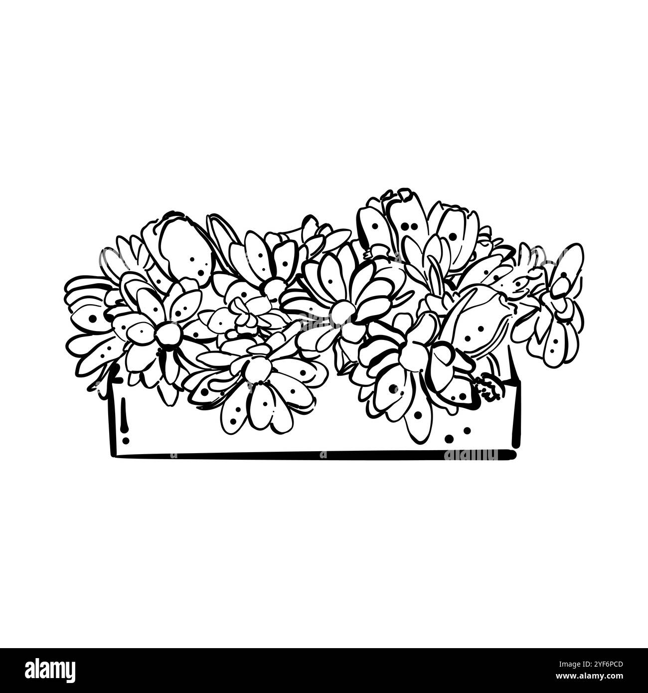 Scatola con fiori in stile doodle. Stendere una scatola di legno con fiori. Disegno per cartolina, amore per il giardinaggio, concetto primaverile Foto Stock