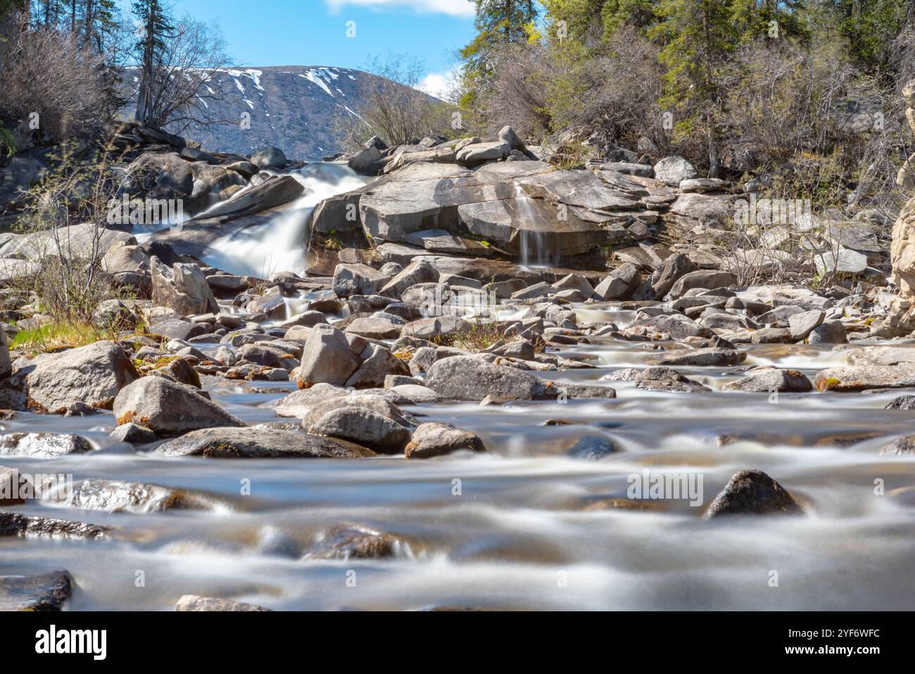 Cascate Otter nella natura selvaggia del territorio dello Yukon, nel nord del Canada in estate, con una splendida giornata di cielo blu e una foresta boreale perfetta. Foto Stock
