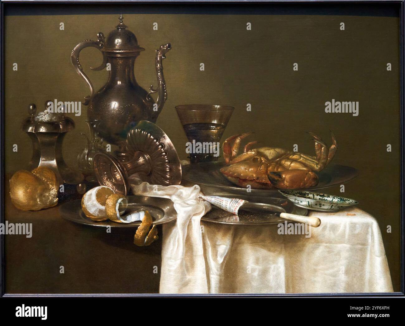 Natura morta: Vasi in peltro e argento e un granchio, probabilmente intorno al 1633-1637, Willem Claesz. Heda (1594-1680), The National Gallery, Londra, Regno Unito. Foto Stock