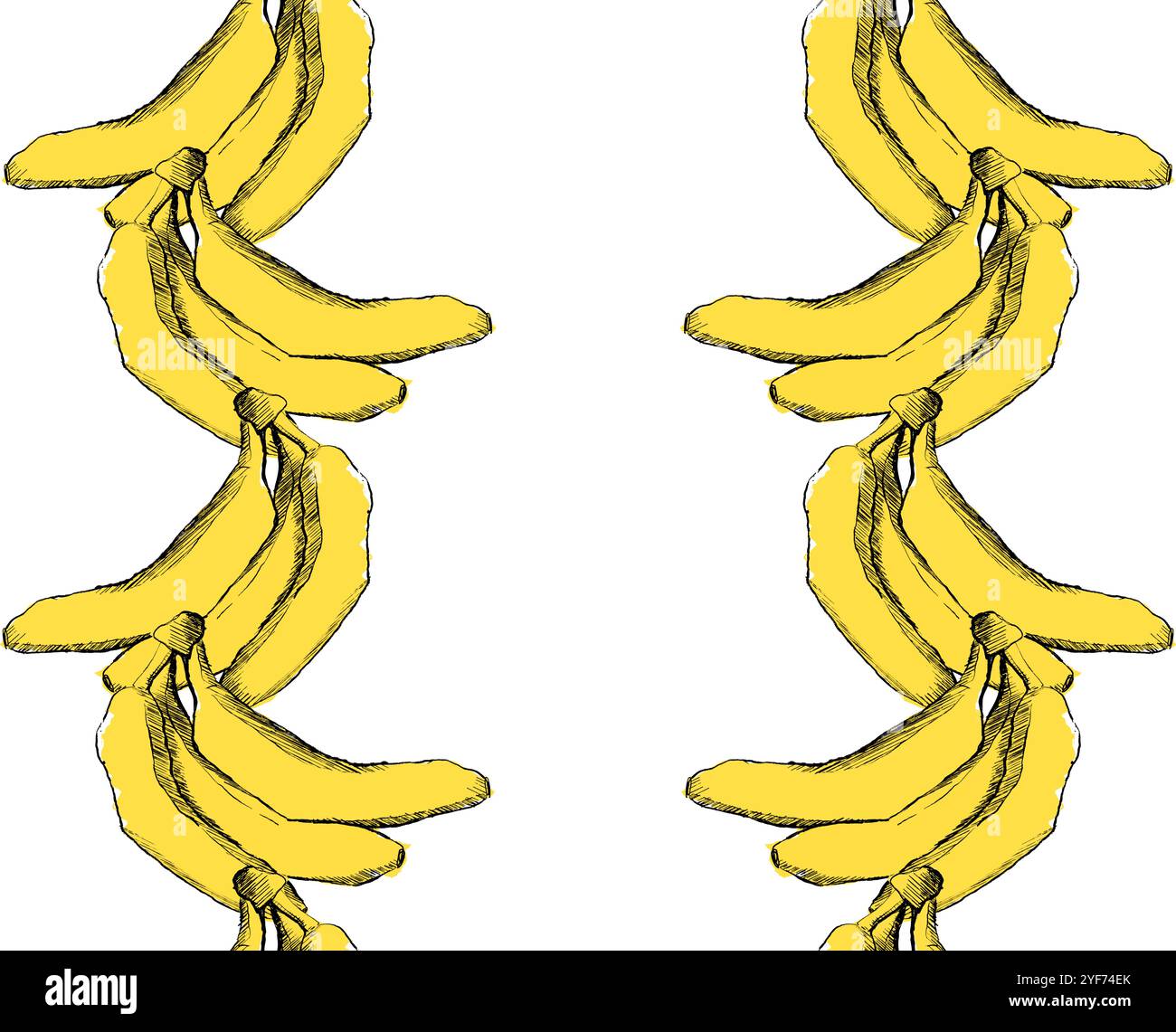 Modello vettoriale verticale per banane mature cornice bordo senza cuciture. Schizzo disegnato a mano. Illustrazione grafica. Frutta tropicale. Design della confezione, design del menu, j Illustrazione Vettoriale