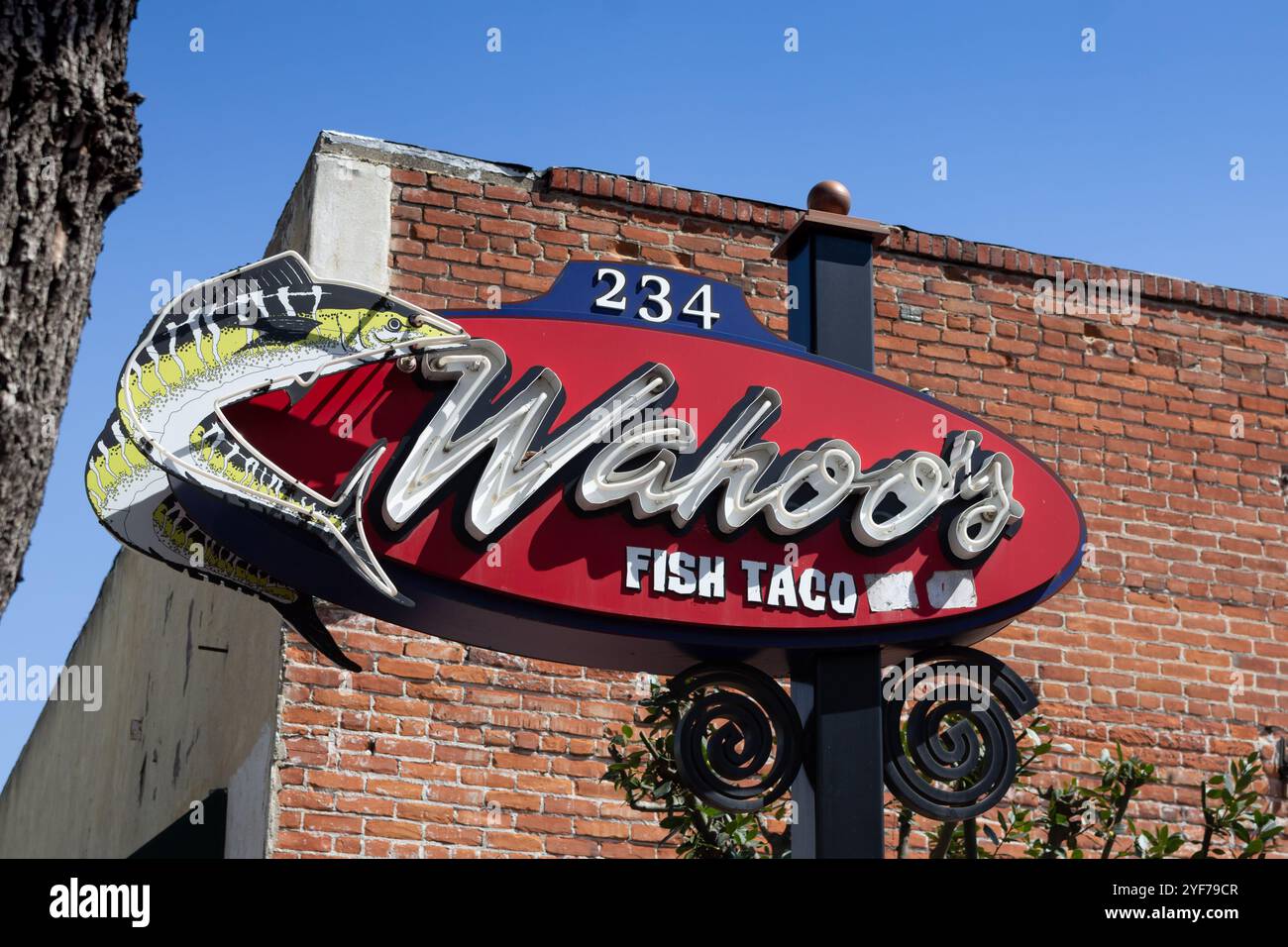 Orange, California, Stati Uniti - 03-25-2019: Vista su un cartello frontale del negozio per il ristorante taco di pesce conosciuto come Wahoo's.. Foto Stock