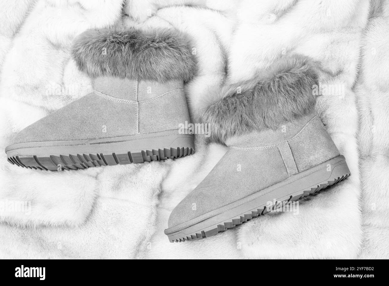 paio di stivali scamosciati alla moda. stivaletti su sfondo blu. negozio di scarpe. Foto Stock