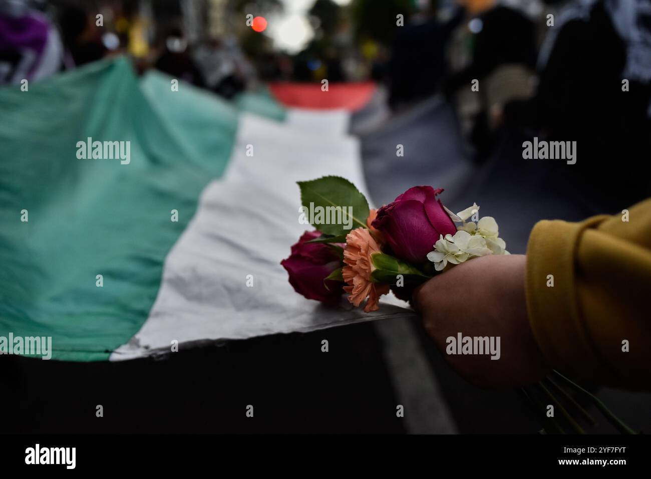 Bogotà, Colombia. 3 novembre 2024. Gli attivisti pro-palestinesi partecipano a una manifestazione a sostegno della Palestina e del Libano, mentre il conflitto israelo-Hamas segna un anno il 7 ottobre 2024. I manifestanti si sono riuniti all'ambasciata degli Stati Uniti a Bogotà, Colombia. Foto di: Cristian Bayona/Long Visual Press credito: Long Visual Press/Alamy Live News Foto Stock