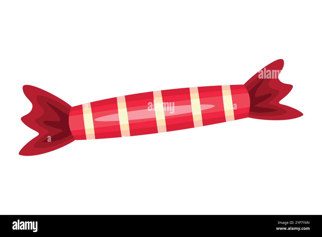 Un vivace pezzo di caramelle avvolto in un involucro a righe rosse e gialle con estremità ritorte. La superficie lucida e il design classico lo rendono perfetto per ogni occasione Illustrazione Vettoriale