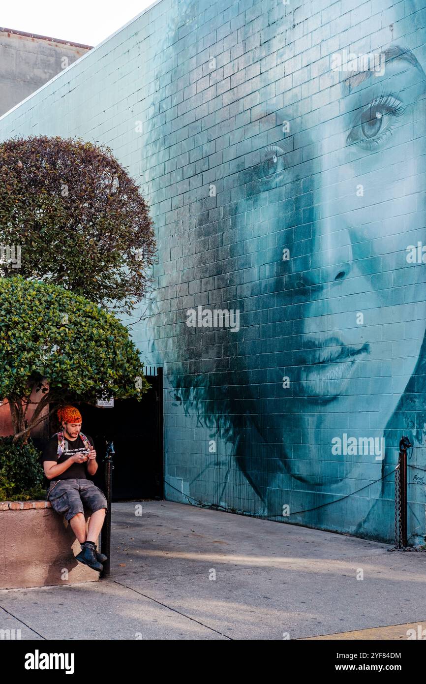 Street art, murale di Frenchmen Street, ritratto di una donna afroamericana, donna nera, quartiere Faubourg Marigny, Louisiana, Stati Uniti Foto Stock