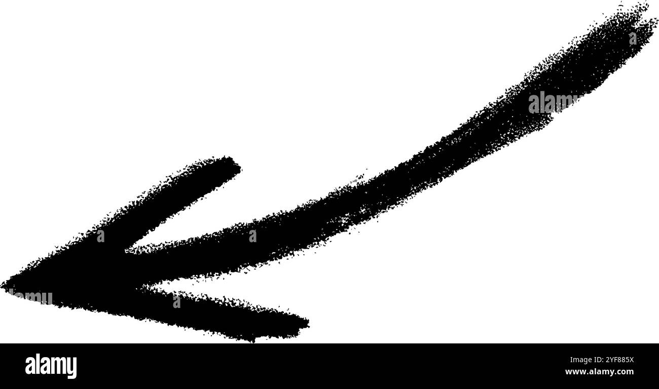 Freccia disegnata a mano con gesso nero. Puntatore a pastello in stile doodle. Direzione, strisciamento, guarda qui il cartello dipinto da calk isolato su sfondo bianco. Illustrazione realistica vettoriale. Illustrazione Vettoriale