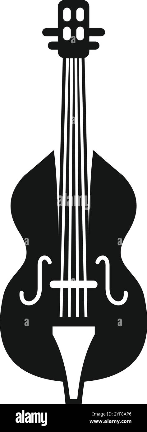 Contrabbasso bianco e nero che mostra i fori, le corde, il ponte, il collo, i perni di sintonizzazione e il rotolo in uno stile semplice Illustrazione Vettoriale