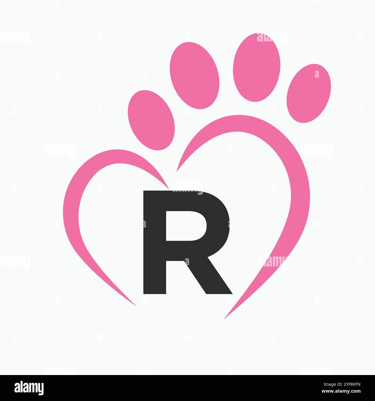 Concetto di design del logo Letter R PET con il simbolo di Paw e cuore Illustrazione Vettoriale