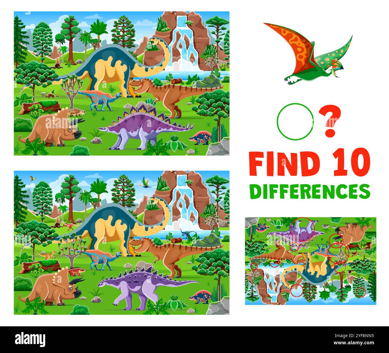 Trova dieci differenze tra i dinosauri preistorici. Gioco educativo con paesaggi vivaci con varie specie di dinosauri. Puzzle vettoriale cartoni animati per bambini, che migliora l'attenzione ai dettagli Illustrazione Vettoriale