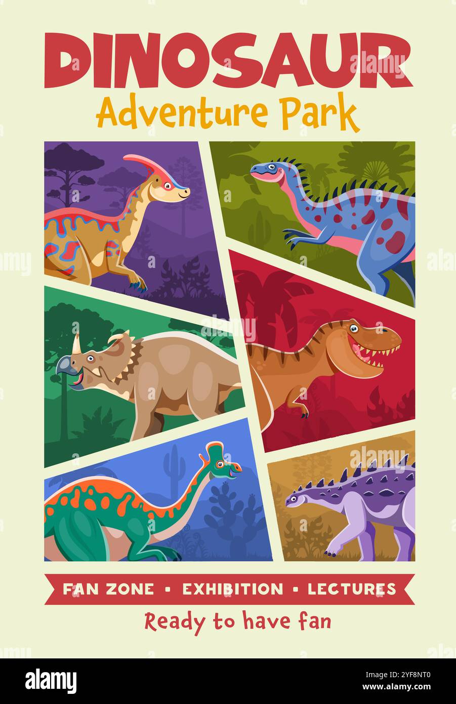 Volantino con poster retrò del parco Dino con dinosauri preistorici. La pubblicità vettoriale o l'invito in stile vintage per parchi avventura, mostre, conferenze o giornate di divertimento per tutta la famiglia, evocano nostalgia ed emozioni Illustrazione Vettoriale